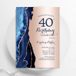 Invitation Rose Gold Marine Blue Agate 40e anniversaire<br><div class="desc">Invitation de fête de 40e anniversaire en or bleu marine et rose. Elégant design moderne avec aquarelle bleu royal agate marbre arrière - plan, fausse parties scintillant rose or et typographie de police. Carte invitation branchée parfaite pour une célébration anniversaire féminine élégante. Invitations Zazzle imprimées ou téléchargement instantané modèle imprimable...</div>