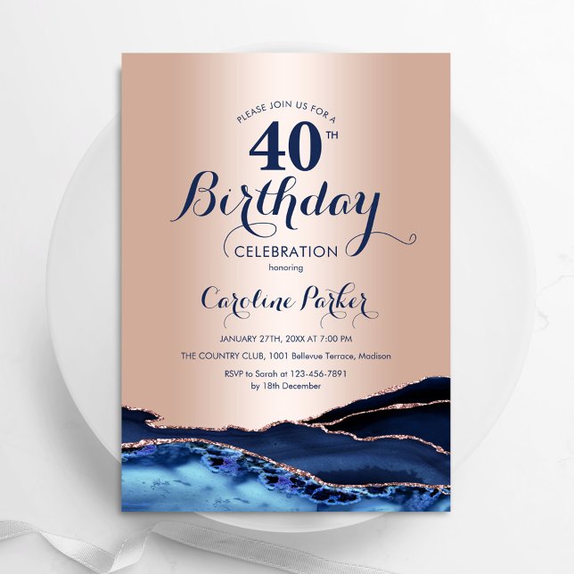 Invitation Rose Gold Marine Blue Agate 40e anniversaire (Créateur téléchargé)
