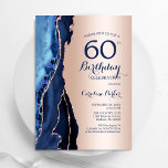 Invitation Rose Gold Marine Blue Agate 60e anniversaire<br><div class="desc">L'or bleu marine et rose agate 60e anniversaire invitation de fête. Elégant design moderne avec aquarelle bleu royal agate marbre arrière - plan, fausse parties scintillant rose or et typographie de police. Carte invitation branchée parfaite pour une célébration anniversaire féminine élégante. Invitations Zazzle imprimées ou téléchargement instantané modèle imprimable numérique....</div>