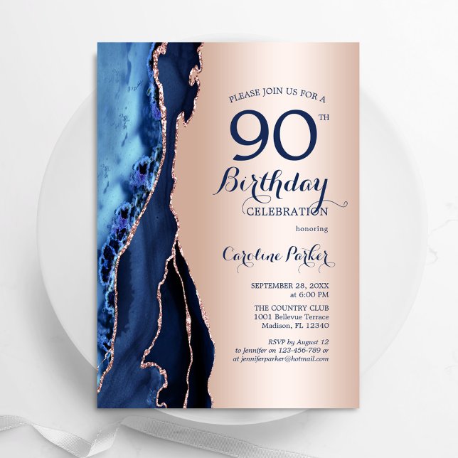 Invitation Rose Gold Marine Blue Agate 90e anniversaire (Créateur téléchargé)