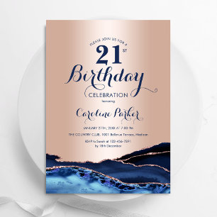 Invitation Rose Gold Marine Blue Agate Marbre 21e anniversair
