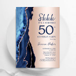 Invitation Rose Gold Marine Blue Agate Surprise 50e anniversa<br><div class="desc">L'agate d'or bleu marine et rose surprend l'invitation de la fête du 50e anniversaire. Elégant design moderne avec aquarelle bleu royal agate marbre arrière - plan, fausse parties scintillant rose or et typographie de police. Carte invitation branchée parfaite pour une célébration anniversaire féminine élégante. Invitations Zazzle imprimées ou téléchargement instantané...</div>