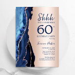 Invitation Rose Gold Marine Blue Agate Surprise 60e anniversa<br><div class="desc">L'agate d'or bleu marine et rose surprend l'invitation de 60ème anniversaire de fête. Elégant design moderne avec aquarelle bleu royal agate marbre arrière - plan, fausse parties scintillant rose or et typographie de police. Carte invitation branchée parfaite pour une célébration anniversaire féminine élégante. Invitations Zazzle imprimées ou téléchargement instantané modèle...</div>