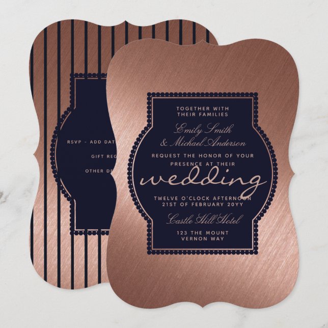 Invitation Rose Gold Marine Blue Wedding invite Metallic (Devant / Derrière)