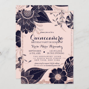 Invitation Rose Gold Marine rose Floral Parties scintillant Q