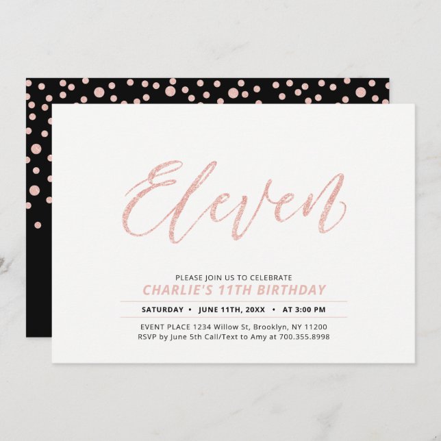 Invitation Rose Gold Modern Lettering 11ème fête d'anniversai (Devant / Derrière)