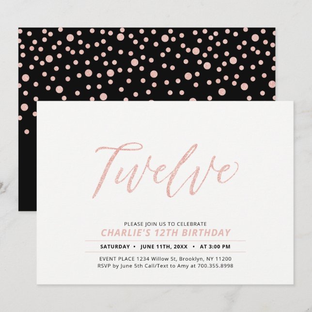 Invitation Rose Gold Modern Lettering 12ème fête d'anniversai (Devant / Derrière)