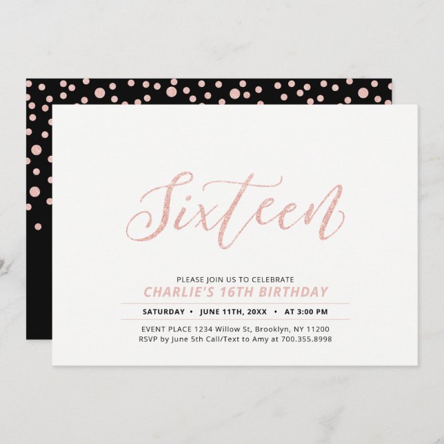 Invitation Rose Gold Modern Lettering 16e fête d'anniversaire (Devant / Derrière)