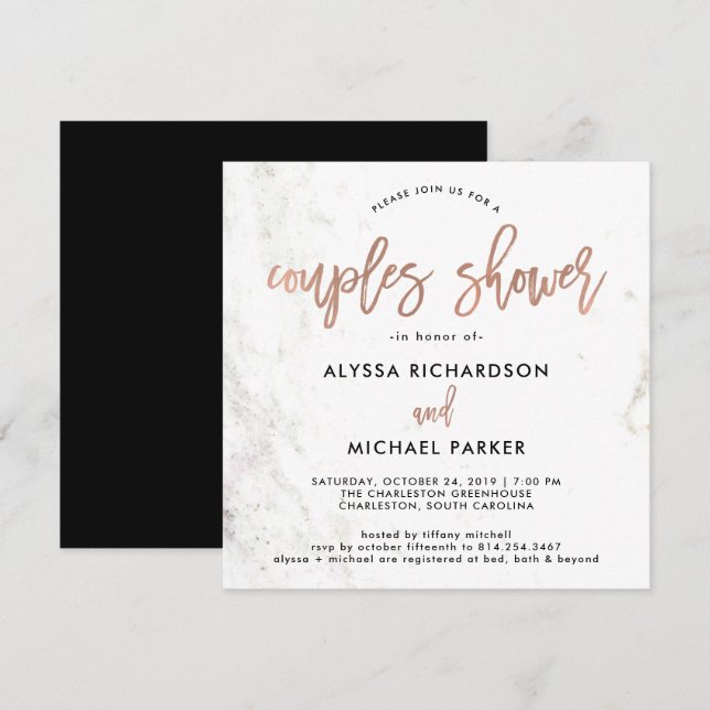 Invitation Rose Gold Modern Script | Douche Couples en marbre (Devant / Derrière)