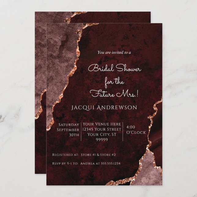 Invitation Rose Gold Moderne Agate Bourgogne Dusty Rose Bride (Devant / Derrière)