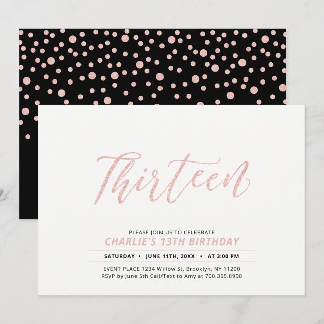 Invitation Rose Gold Moderne Lettering 13e fête d'anniversair (Devant / Derrière)
