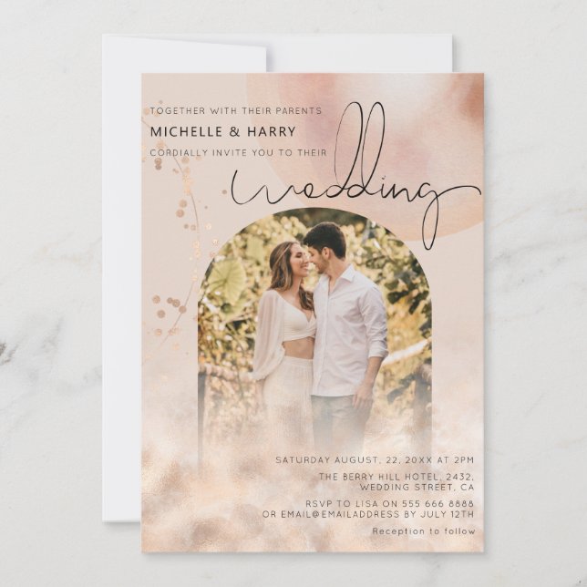 Invitation Rose Gold Moderne | Mariage Photo en Arc (Devant)