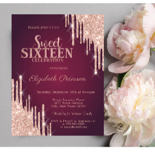 Invitation Rose Gold Moderne Paillettes Gouttes Bourgogne Swe
