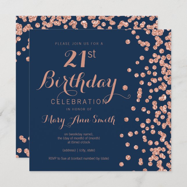 Invitation Rose Gold Navy 21e anniversaire Parties scintillan (Devant / Derrière)
