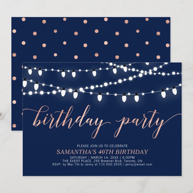 Invitation Rose Gold & Navy | 40e fête d'anniversaire pour fe (Devant / Derrière)