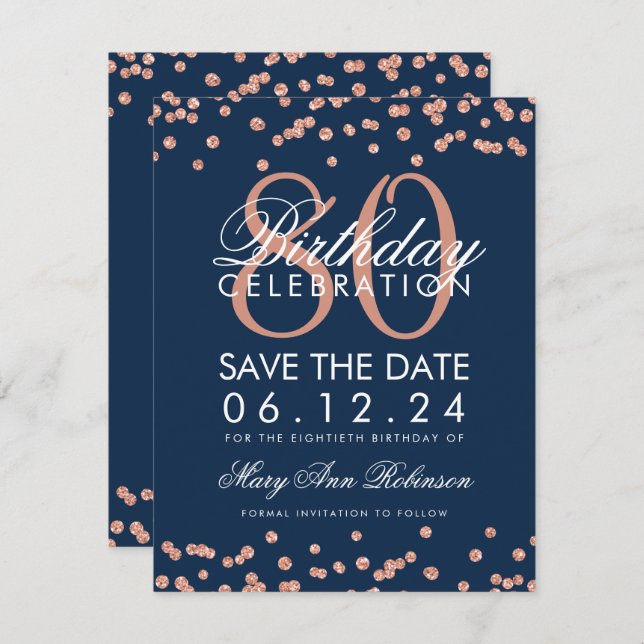 Invitation Rose Gold Navy 80e anniversaire Date de sauvegarde (Devant / Derrière)