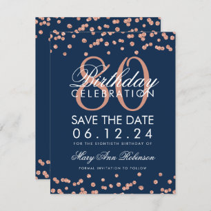 Invitation Rose Gold Navy 80e anniversaire Date de sauvegarde