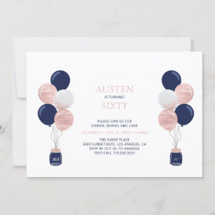 Invitation Rose Gold & Navy Balloon Moderne 30 Anniversaire