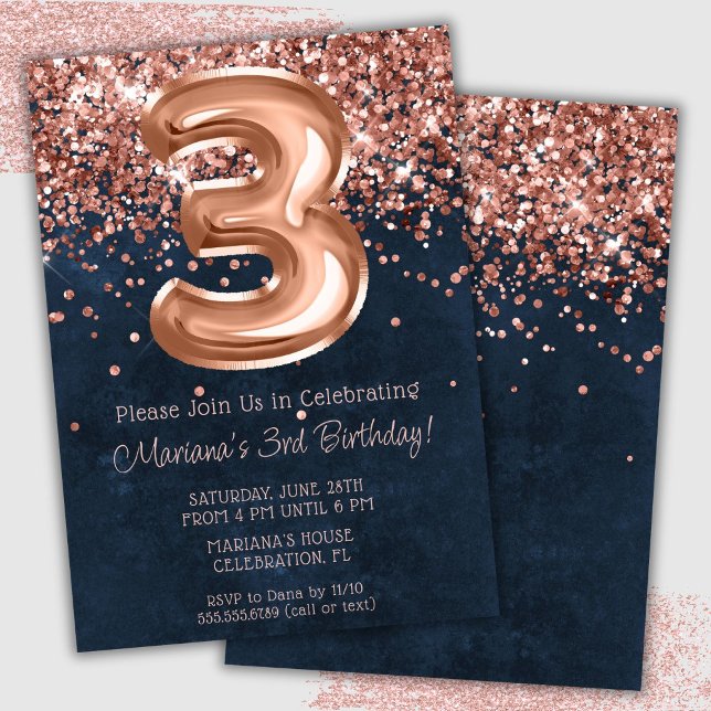 Invitation Rose Gold Navy Bleu 3ème anniversaire de fête Invi (Créateur téléchargé)