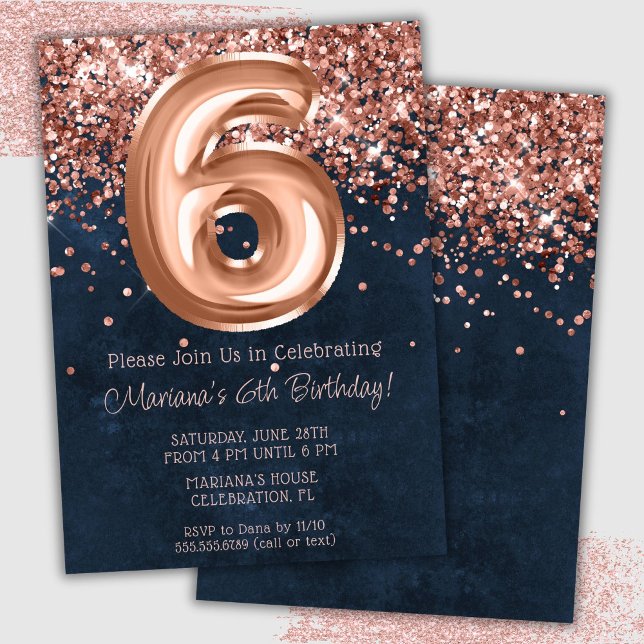 Invitation Rose Gold Navy Bleu 6e anniversaire de fête Invita (Créateur téléchargé)