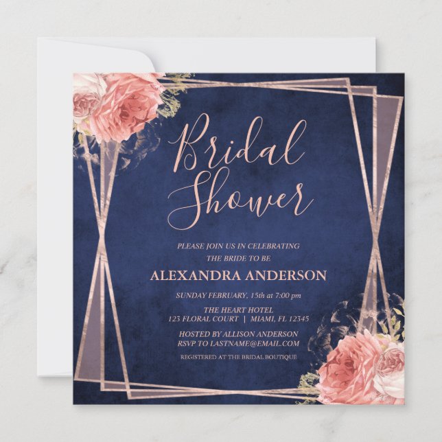 Invitation Rose Gold Navy Bleu Floral Fête des mariées modern (Devant)