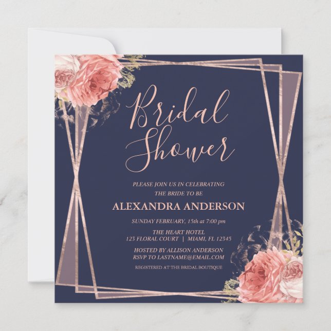 Invitation Rose Gold Navy Bleu Floral Fête des mariées modern (Devant)