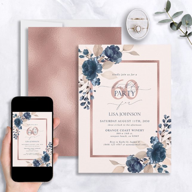 Invitation Rose Gold Navy bleu rose 60e anniversaire Floral (Créateur téléchargé)
