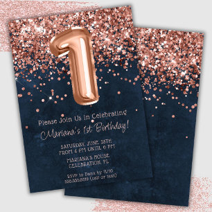 Invitation Rose Gold Navy Blue 1er Anniversaire Fête Invitati