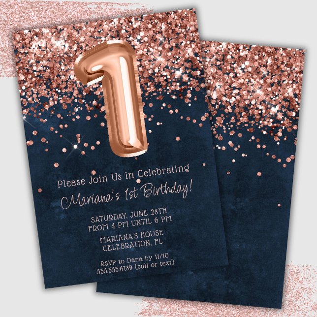 Invitation Rose Gold Navy Blue 1er Anniversaire Fête Invitati (Créateur téléchargé)