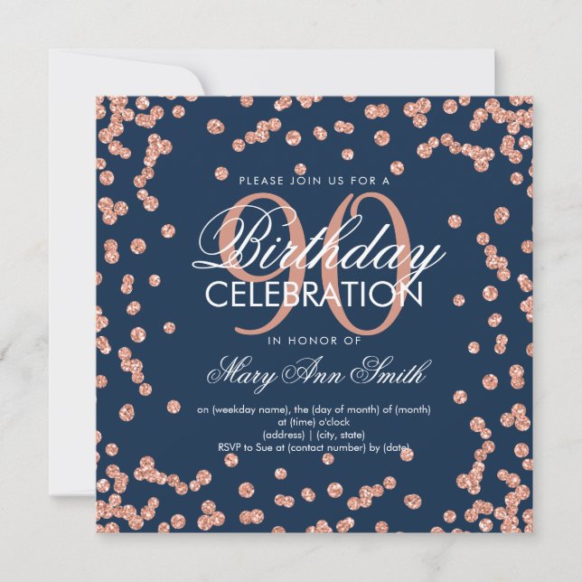 Invitation Rose Gold Navy Blue 90e anniversaire Parties scint (Devant)