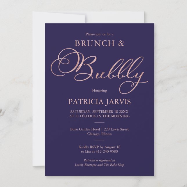 Invitation Rose Gold Navy Blue Brunch Et Champagne (Devant)