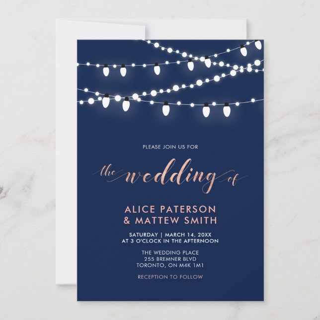 Invitation Rose Gold & Navy Blue Chic Modern Mariage Cérémoni (Devant)
