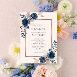 Invitation Rose Gold Navy Blue Dusty Pink Floral Wedding