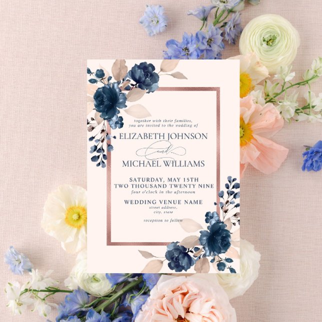 Invitation Rose Gold Navy Blue Dusty rose Floral Mariage Invi (Créateur téléchargé)