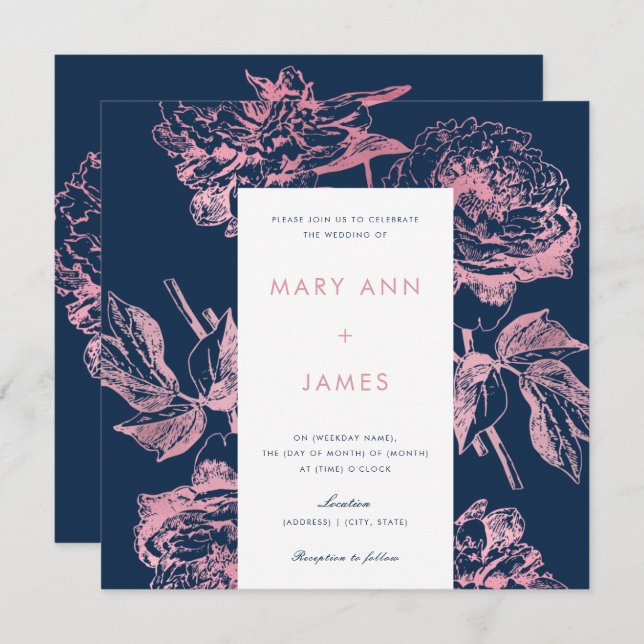 Invitation Rose Gold Navy Blue Elegant Floral Mariage (Devant / Derrière)