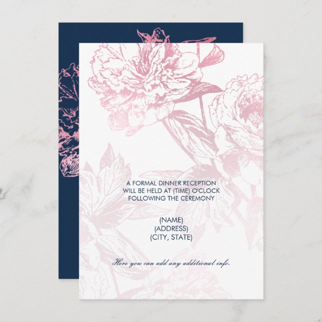 Invitation Rose Gold Navy Blue Floral Mariage Réception Seule (Devant / Derrière)