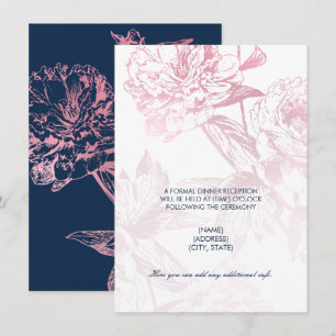 Invitation Rose Gold Navy Blue Floral Mariage Réception uniqu