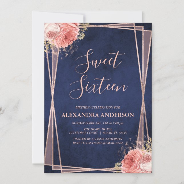 Invitation Rose Gold Navy Blue Floral Sweet sixteen Anniversa (Devant)