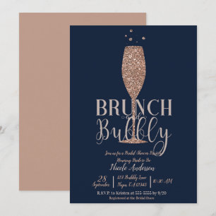 Invitation Rose Gold Navy Champagne Bubbly Petit-déjeuner Mar