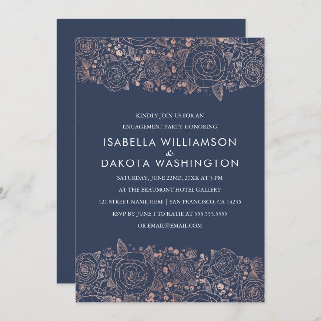 Invitation Rose Gold & Navy | Chic Floral Engagement Party (Devant / Derrière)
