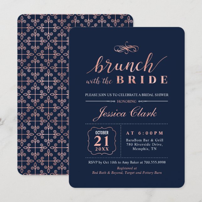 Invitation Rose Gold & Navy | Élégant Brunch de Mariage de Ma (Devant / Derrière)