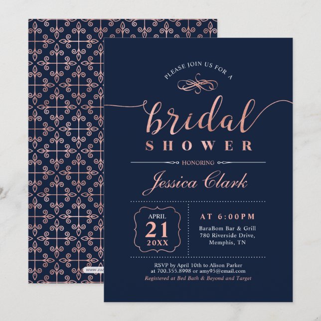 Invitation Rose Gold & Navy | Élégante Fête de Mariage de Fia (Devant / Derrière)