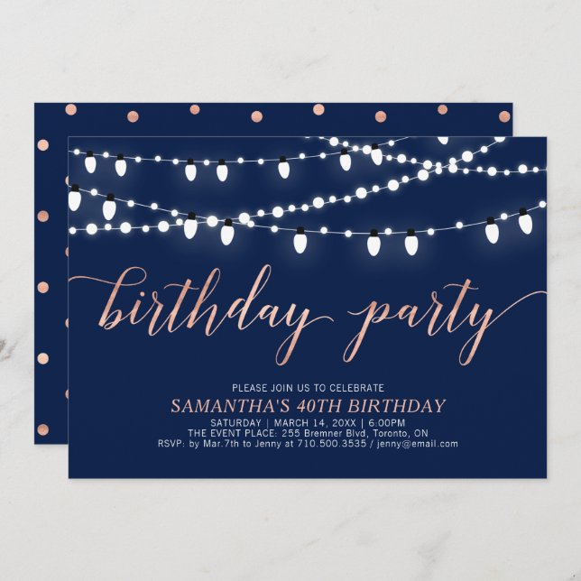 Invitation Rose Gold & Navy | Fête d'anniversaire des femmes  (Devant / Derrière)