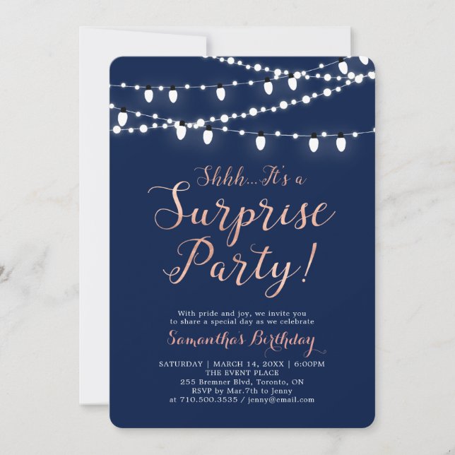 Invitation Rose Gold & Navy | Fête d'anniversaire moderne sur (Devant)
