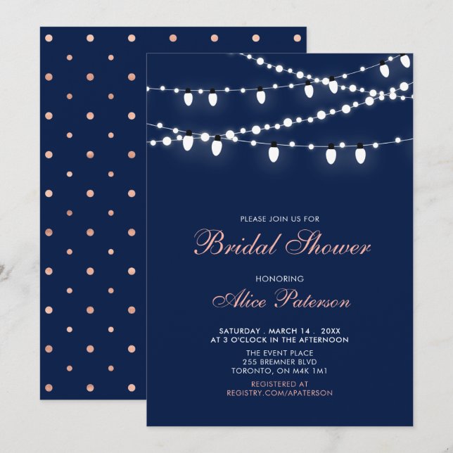 Invitation Rose Gold & Navy | Fête des mariées moderne et élé (Devant / Derrière)