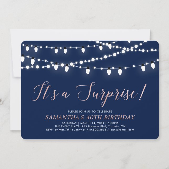 Invitation Rose Gold & Navy | Fête surprise pour 40 ans (Devant)