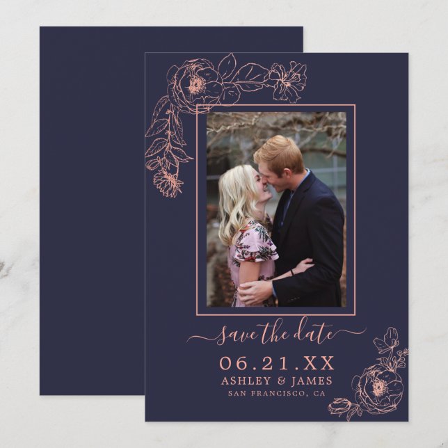 Invitation Rose Gold Navy Fleurs Photo Mariage Enregistrer La (Devant / Derrière)