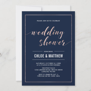 Invitation Rose Gold & Navy   Simple Moderne Réception de Mar