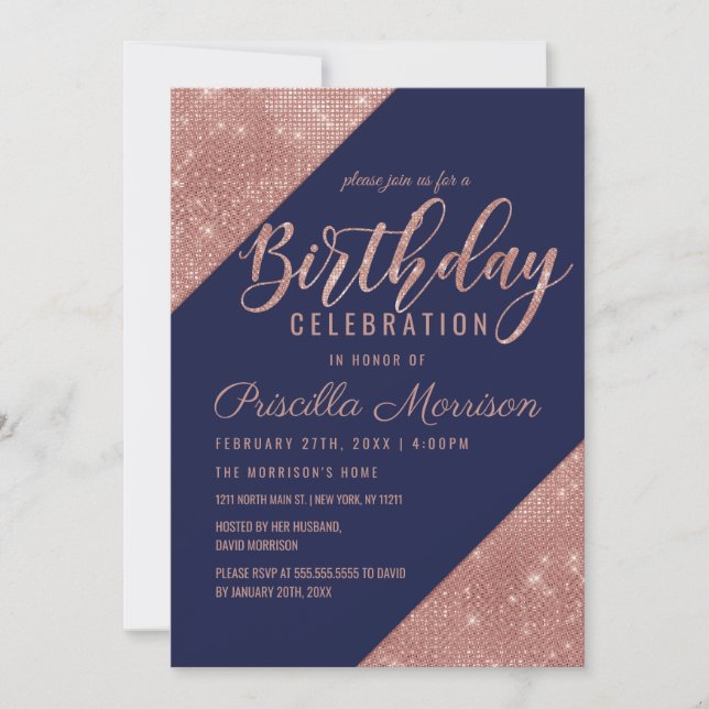 Invitation Rose Gold Navy Sparkling Parties scintillant Sequi (Devant)