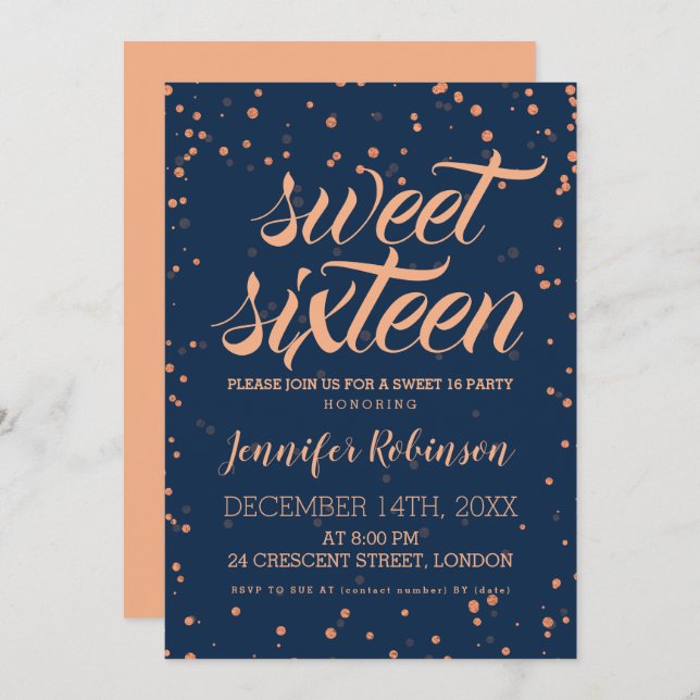 Invitation Rose Gold Navy Sweet 16 Sparkle Confetti (Devant / Derrière)